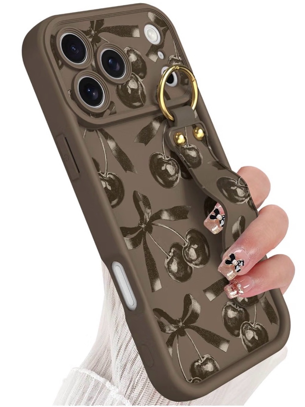 Cherry Ring Grip Phone Case with Strap - Brown